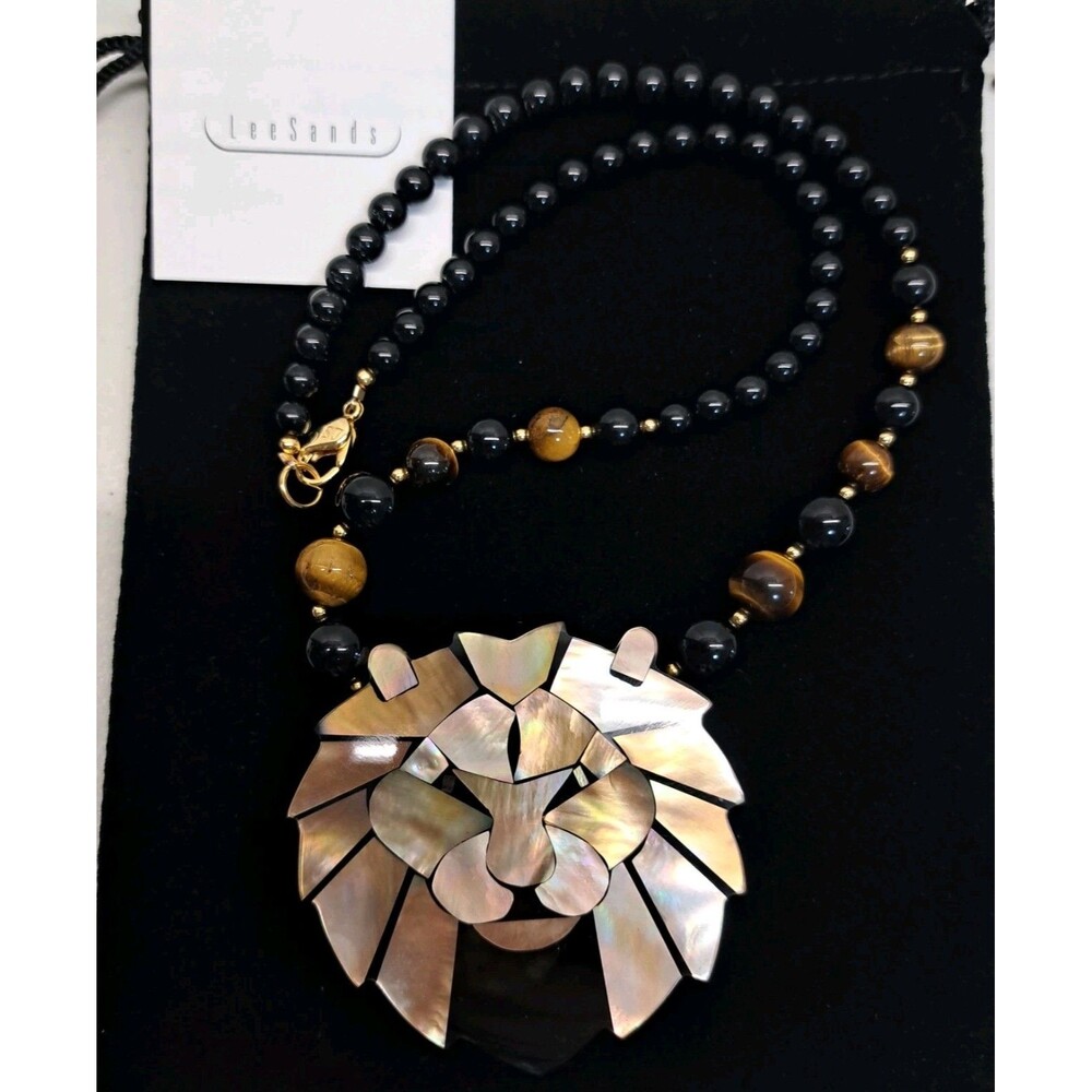 Vintage Lee Sands Lion Necklace Mother of Pearl Inlay Tiger Eye Bead